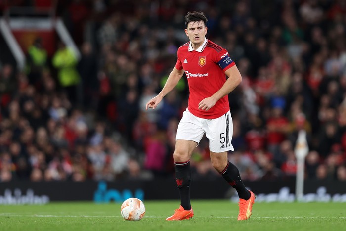 MANCHESTER, ENGLAND - OCTOBER 27: Harry Maguire of Manchester United runs with the ball during the UEFA Europa League group E match between Manchester United and Sheriff Tiraspol at Old Trafford on October 27, 2022 in Manchester, England. (Photo by Naomi Baker/Getty Images)