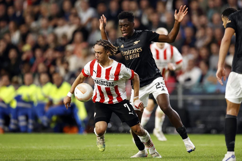 EINDHOVEN, NETHERLANDS - OCTOBER 27: Xavi Simons of PSV Eindhoven during the Group A - UEFA Europa League match between PSV Eindhoven and Arsenal FC at Philips Stadion on October 27, 2022 in Eindhoven, Netherlands (Photo by Broer van den Boom/Orange Pictures/BSR Agency/Getty Images)