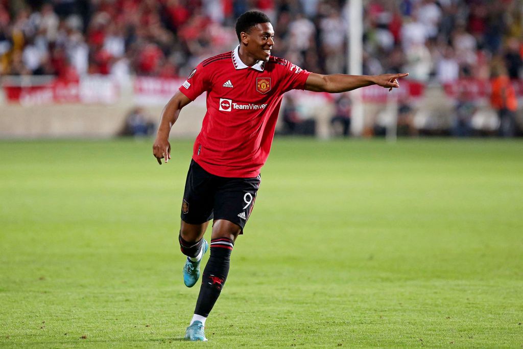 Manchester United's French striker Anthony Martial celebrates after scoring a goal during the UEFA Europa League group E football match between Cyprus' Omonia Nicosia and England's Manchester United at GSP stadium in the capital Nicosia on October 6, 2022. (Photo by AFP) (Photo by -/AFP via Getty Images)