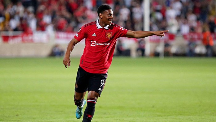 Manchester Uniteds French striker Anthony Martial celebrates after scoring a goal during the UEFA Europa League group E football match between Cyprus Omonia Nicosia and Englands Manchester United at GSP stadium in the capital Nicosia on October 6, 2022. (Photo by AFP) (Photo by -/AFP via Getty Images)