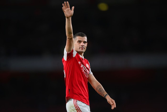LONDON, ENGLAND - OCTOBER 09: Granit Xhaka of Arsenal acknowledges the fans after their sides victory during the Premier League match between Arsenal FC and Liverpool FC at Emirates Stadium on October 09, 2022 in London, England. (Photo by Shaun Botterill/Getty Images)
