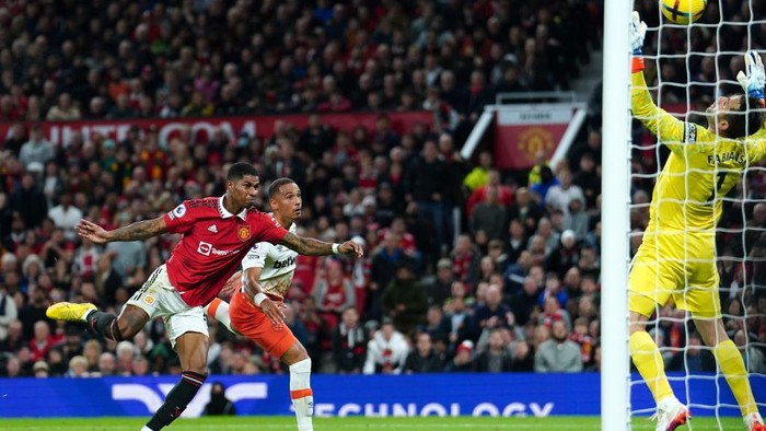 Manchester Uniteds Marcus Rashford scores their sides first goal of the game during the Premier League match at Old Trafford, Manchester. Picture date: Sunday October 30, 2022. (Photo by David Davies/PA Images via Getty Images)