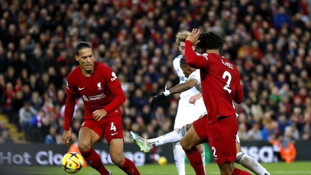 Leeds United's Crysencio Summerville (partially blocked) scores their side's second goal of the game during the Premier League match at Anfield, Liverpool. Picture date: Saturday October 29, 2022. (Photo by Richard Sellers/PA Images via Getty Images)