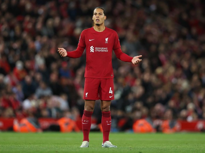 LIVERPOOL, ENGLAND - OCTOBER 29: Virgil van Dijk of Liverpool reacts during the Premier League match between Liverpool FC and Leeds United at Anfield on October 29, 2022 in Liverpool, England. (Photo by Nathan Stirk/Getty Images)