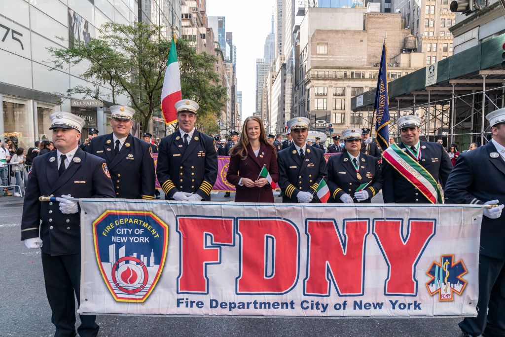 NEW YORK, UNITED STATES - 2022/10/11: Acting FDNY (New York City Fire Department ) Commissioner Laura Kavanagh (C) marches at the annual Columbus Day parade on Fifth Avenue in Manhattan. (Photo by Lev Radin/Pacific Press/LightRocket via Getty Images)