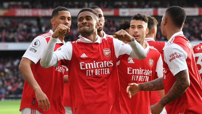 LONDON, ENGLAND - OCTOBER 30: Reiss Nelson celebrates scoring Arsenals 2nd goal during the Premier League match between Arsenal FC and Nottingham Forest at Emirates Stadium on October 30, 2022 in London, England. (Photo by David Price/Arsenal FC via Getty Images)