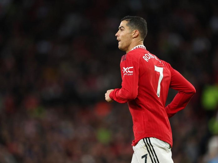 MANCHESTER, ENGLAND - OCTOBER 30: Cristiano Ronaldo of Manchester United  during the Premier League game between Manchester United and West Ham United at Old Trafford on October 30, 2022 in Manchester, United Kingdom. (Photo by Matthew Ashton - AMA/Getty Images)