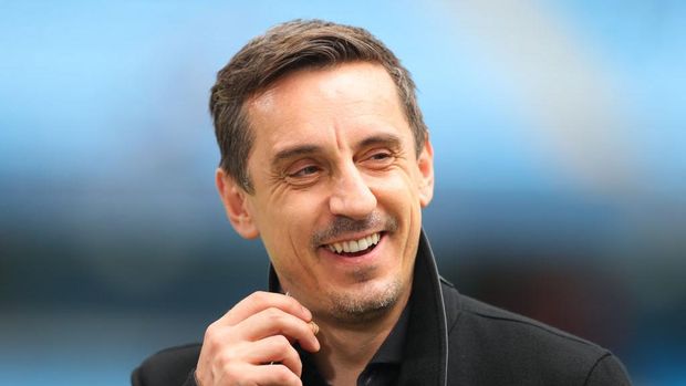 MANCHESTER, ENGLAND - MAY 22: Sky Sports pundit Gary Neville looks on during the Premier League match between Manchester City and Aston Villa at Etihad Stadium on May 22, 2022 in Manchester, England. (Photo by James Gill - Danehouse/Getty Images)