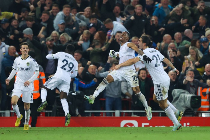 LIVERPOOL, ENGLAND - OCTOBER 29: Crysencio Summerville of Leeds celebrates after scoring his side's second goal  during the Premier League match between Liverpool FC and Leeds United at Anfield on October 29, 2022 in Liverpool, England. (Photo by James Gill - Danehouse/Getty Images)