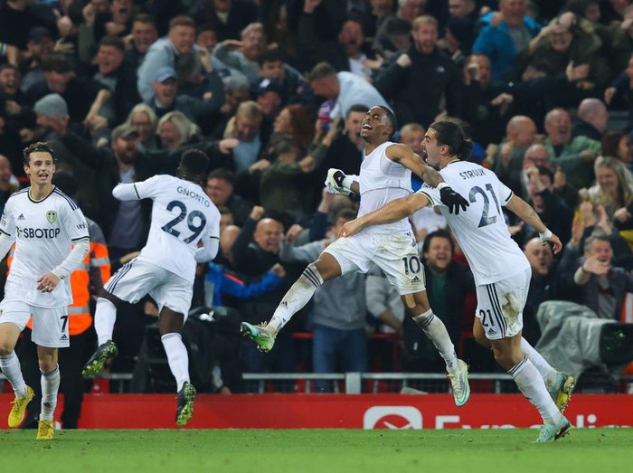 LIVERPOOL, ENGLAND - OCTOBER 29: Crysencio Summerville of Leeds celebrates after scoring his side's second goal  during the Premier League match between Liverpool FC and Leeds United at Anfield on October 29, 2022 in Liverpool, England. (Photo by James Gill - Danehouse/Getty Images)