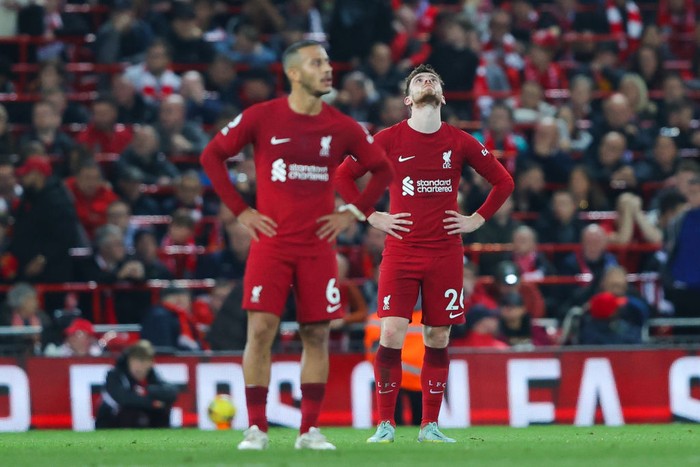 LIVERPOOL, ENGLAND - OCTOBER 29: Crysencio Summerville of Leeds celebrates after scoring his side's second goal  during the Premier League match between Liverpool FC and Leeds United at Anfield on October 29, 2022 in Liverpool, England. (Photo by James Gill - Danehouse/Getty Images)