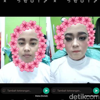 Foto Siti Nur Jumroh memperlihatkan hasil makeup yang alisnya seperti karakter Sinchan.