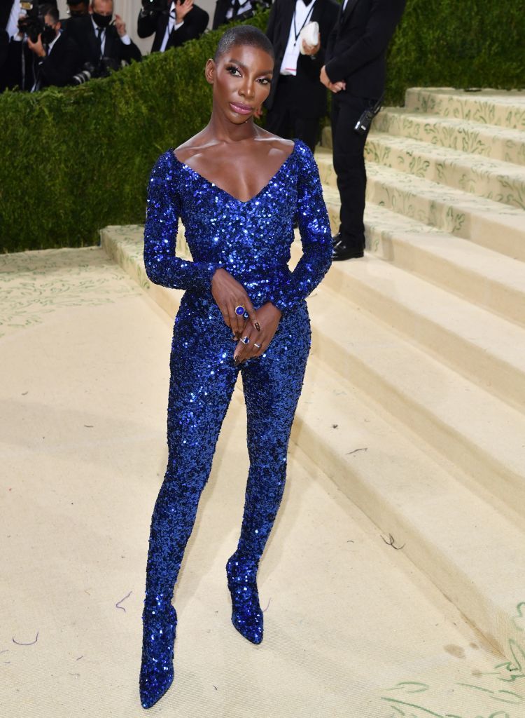 British actress Michaela Coel arrives for the 2021 Met Gala at the Metropolitan Museum of Art on September 13, 2021 in New York. - This year's Met Gala has a distinctively youthful imprint, hosted by singer Billie Eilish, actor Timothee Chalamet, poet Amanda Gorman and tennis star Naomi Osaka, none of them older than 25. The 2021 theme is 