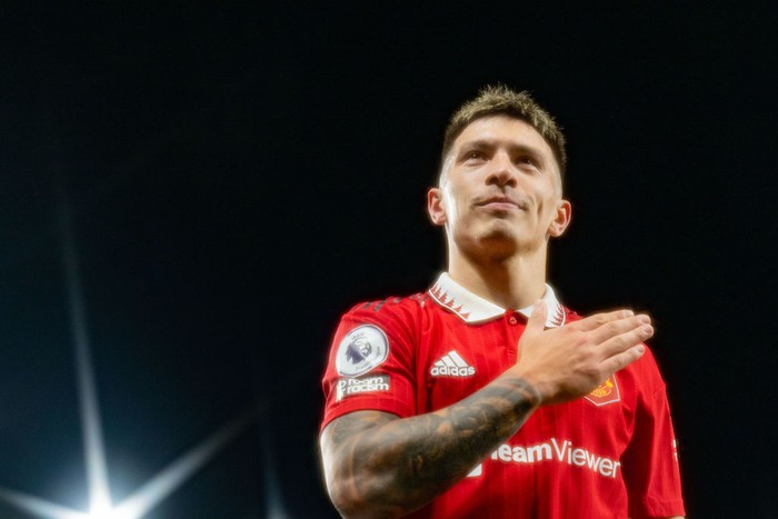 MANCHESTER, ENGLAND - OCTOBER 30:   Lisandro Martinez of Manchester United reacts at the end of the Premier League match between Manchester United and West Ham United at Old Trafford on October 30, 2022 in Manchester, United Kingdom. (Photo by Ash Donelon/Manchester United via Getty Images)