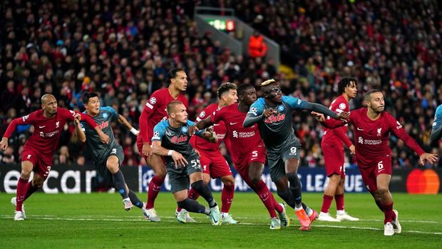 Napoli's Leo Ostigard (no.55) is offside as the ball is delivered into the box as the players battle for position during the UEFA Champions League Group A match at Anfield, Liverpool. Picture date: Tuesday November 1, 2022. (Photo by Nick Potts/PA Images via Getty Images)