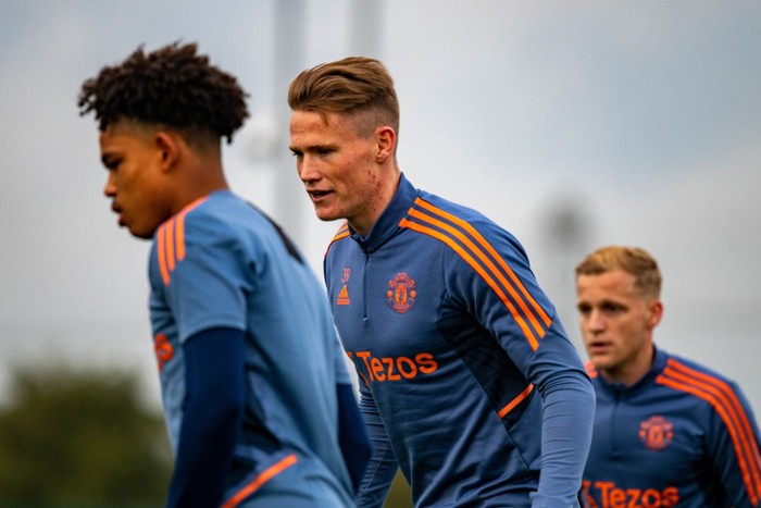MANCHESTER, ENGLAND - OCTOBER 31: (EXCLUSIVE COVERAGE) Scott McTominay of Manchester United in action during a first team training session at Carrington Training Ground on October 31, 2022 in Manchester, England. (Photo by Ash Donelon/Manchester United via Getty Images)