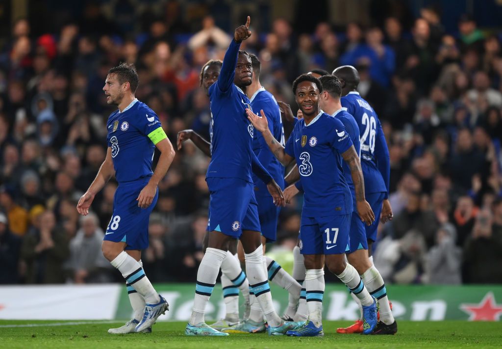 LONDON, ENGLAND - NOVEMBER 02: Denis Zakaria celebrates with Raheem Sterling of Chelsea after scoring their team's second goal during the UEFA Champions League group E match between Chelsea FC and Dinamo Zagreb at Stamford Bridge on November 02, 2022 in London, England. (Photo by Shaun Botterill/Getty Images)