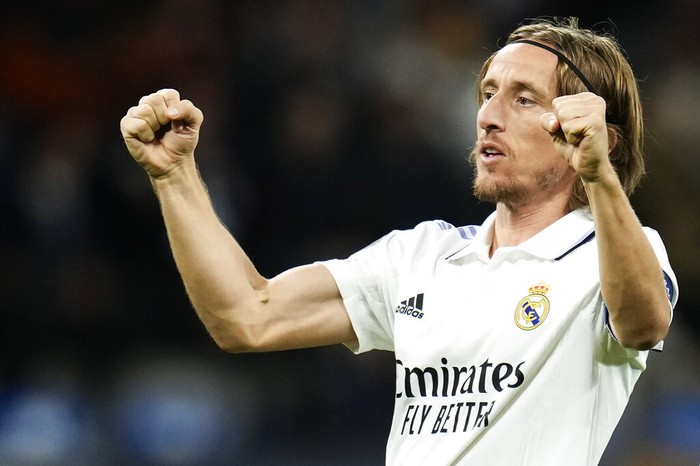 Real Madrid's Luka Modric celebrates after scoring his side's first goal during the Champions League Group F soccer match between Real Madrid and Celtic at the Santiago Bernabeu stadium in Madrid, Spain, Wednesday, Nov. 2, 2022. (AP Photo/Manu Fernandez)