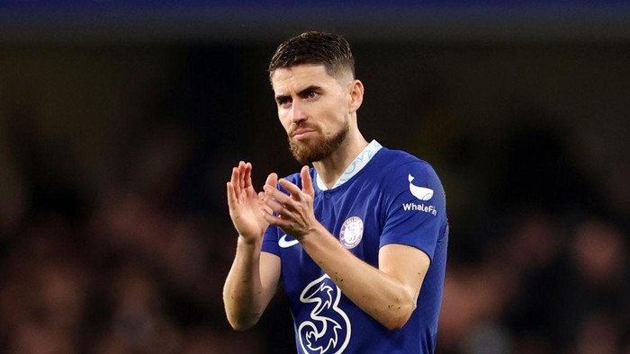 LONDON, ENGLAND - OCTOBER 22: Jorginho of Chelsea acknowledges the fans following the Premier League match between Chelsea FC and Manchester United at Stamford Bridge on October 22, 2022 in London, England. (Photo by Alex Pantling/Getty Images)
