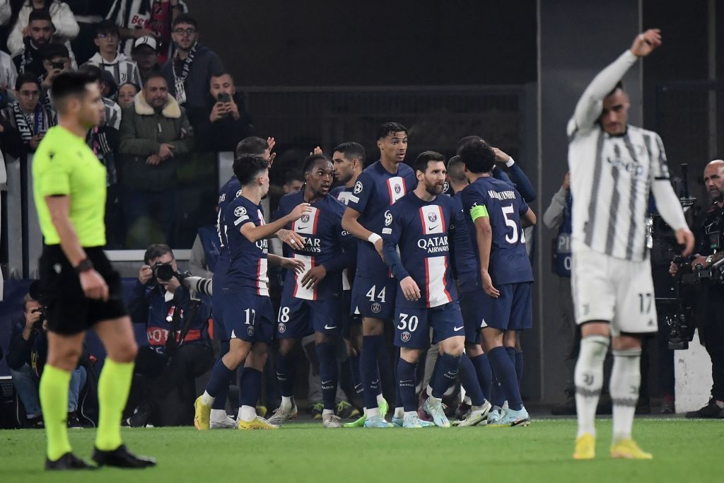 PSG's players celebrate after scoring a goal during the UEFA Champions League 1st round day 6 group H football match between Juventus Turin and Paris Saint-Germain (PSG) at the Juventus stadium in Turin on November 2, 2022. (Photo by Filippo MONTEFORTE / AFP) (Photo by FILIPPO MONTEFORTE/AFP via Getty Images)
