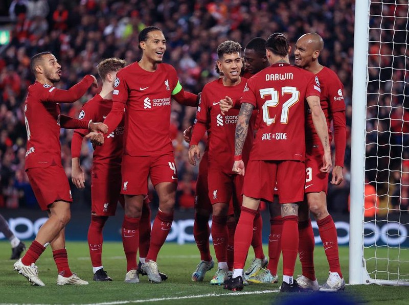 LIVERPOOL, ENGLAND - NOVEMBER 01: Thiago Alcantara of Liverpool (L), Virgil van Dijk of Liverpool (2L), Roberto Firmino of Liverpool (3R) and Fabinho of Liverpool (R) celebrate their 1st goal during the UEFA Champions League group A match between Liverpool FC and SSC Napoli at Anfield on November 1, 2022 in Liverpool, United Kingdom. (Photo by Simon Stacpoole/Offside/Offside via Getty Images)