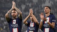 PSG mengumpulkan 14 poin dengan selisih gol 16-7, namun hanya menjadi runner-up di bawah Benfica yang punya poin dan selisih gol sama. Sebabnya, Les Parisiens kalah produktif dalam urusan gol tandang. Foto: AFP via Getty Images/FILIPPO MONTEFORTE