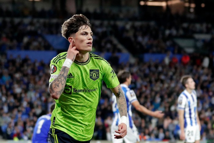 SAN SEBASTIAN, SPAIN - NOVEMBER 3:  Alejandro Garnacho of Manchester United celebrates 0-1 during the UEFA Europa League   match between Real Sociedad v Manchester United at the Estadio Reale Arena on November 3, 2022 in San Sebastian Spain (Photo by David S. Bustamante/Soccrates/Getty Images)