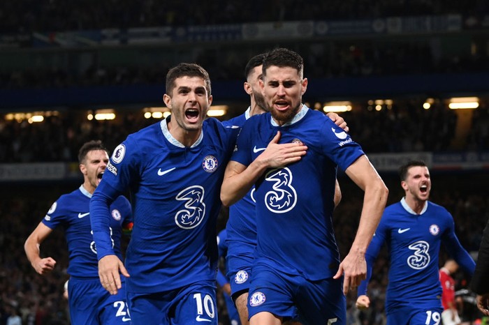 LONDON, ENGLAND - OCTOBER 22: Jorginho of Chelsea celebrates with teammate Christian Pulisic after scoring their teams first goal during the Premier League match between Chelsea FC and Manchester United at Stamford Bridge on October 22, 2022 in London, England. (Photo by Darren Walsh/Chelsea FC via Getty Images)