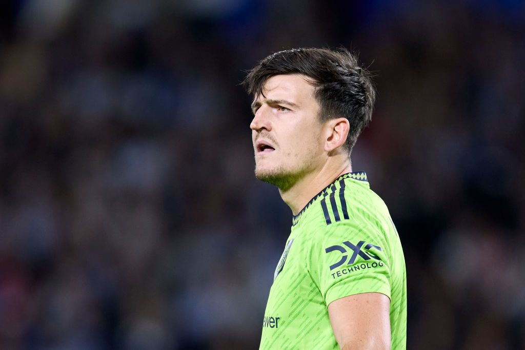 SAN SEBASTIAN, SPAIN - NOVEMBER 03: Harry Maguire of Manchester United looks on during the UEFA Europa League group E match between Real Sociedad and Manchester United at Reale Arena on November 03, 2022 in San Sebastian, Spain. (Photo by Ion Alcoba/Quality Sport Images/Getty Images)