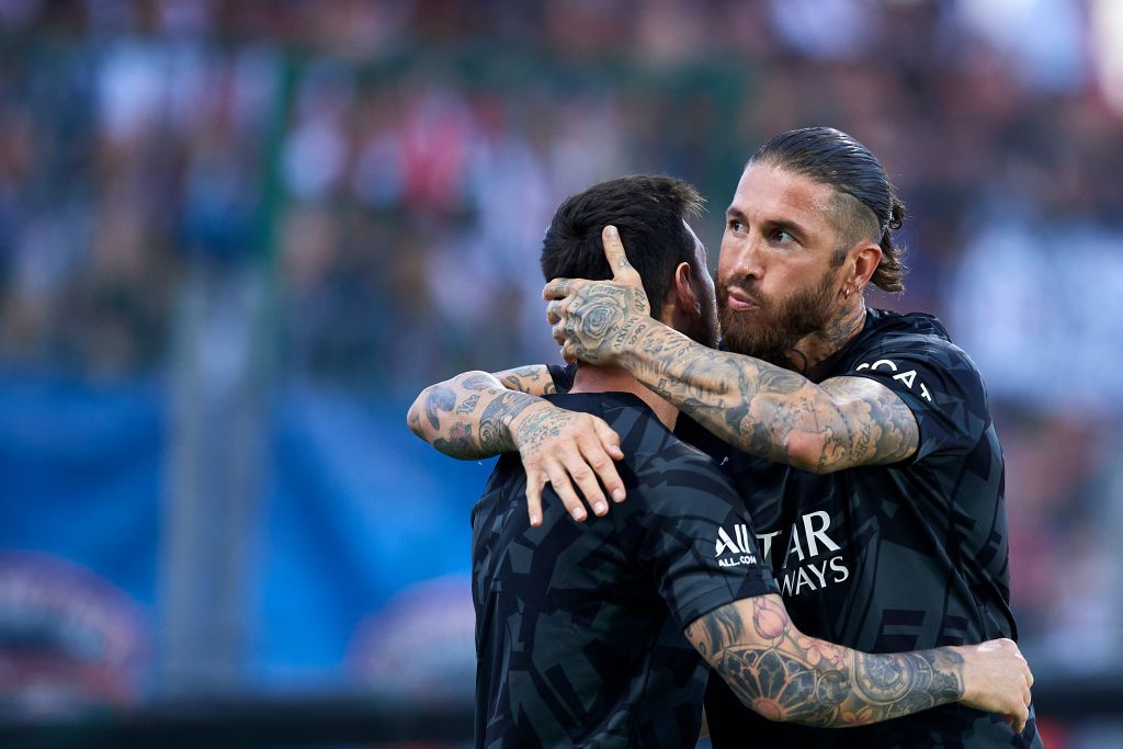 Sergio Ramos and Lionel Messi of PSG during the warm-up before the Ligue 1 match between Clermont Foot and Paris Saint-Germain at Stade Gabriel Montpied on August 6, 2022 in Clermont-Ferrand, France. (Photo by Jose Breton/Pics Action/NurPhoto via Getty Images)