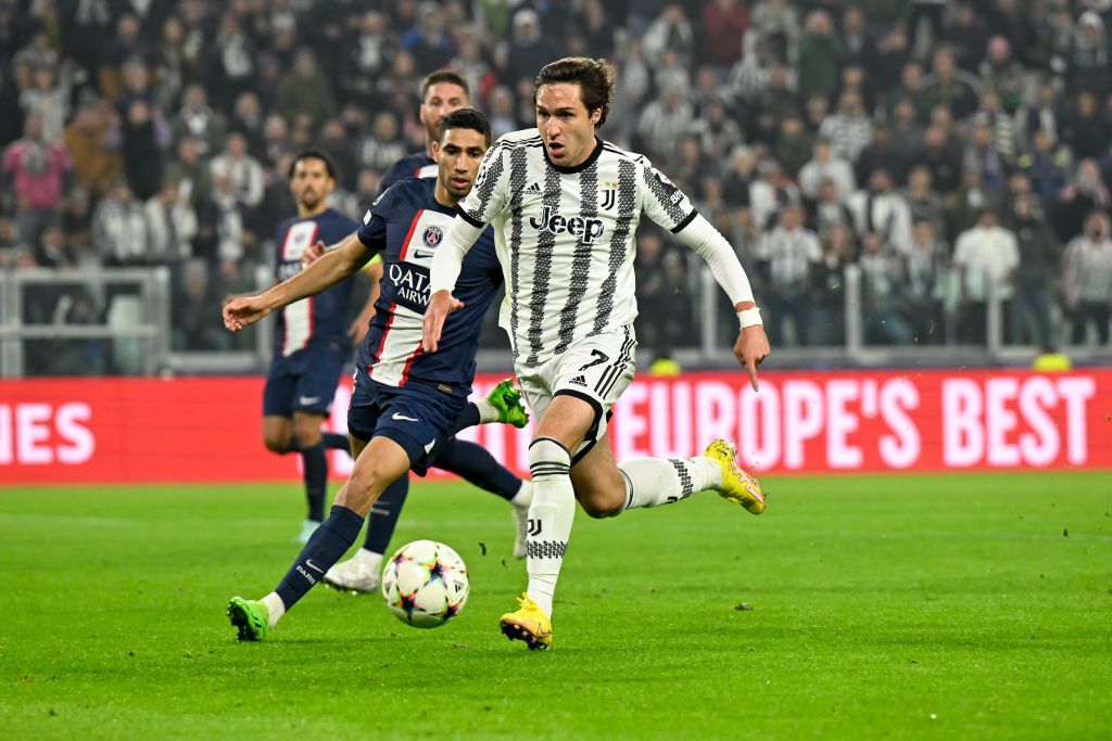TURIN, ITALY - NOVEMBER 2: Federico Chiesa of Juventus during the Group H, UEFA Champions League match between Juventus Turin and Paris Saint-Germain (PSG) at Juventus Stadium on November 2, 2022 in Turin, Italy. (Photo by Jean Catuffe/Getty Images)