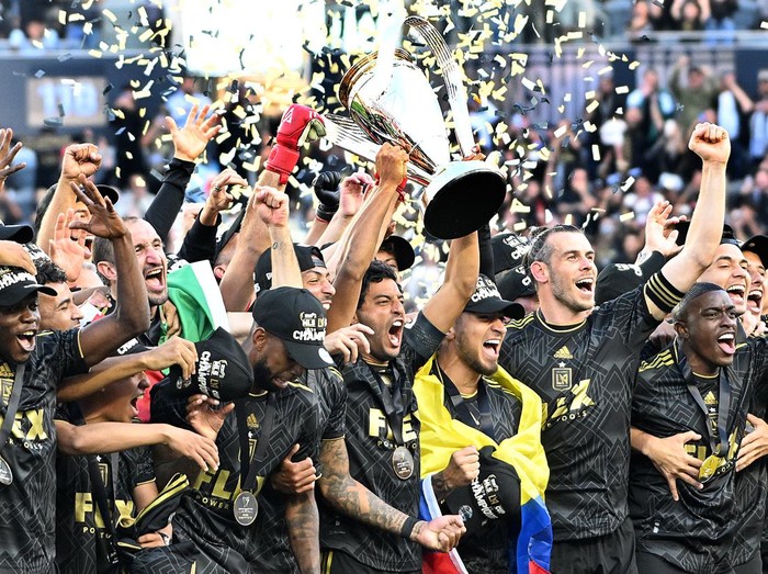Los Angeles, California November 5, 2022-LAFC players celebrate the MLS Cup against Union at Bank of California Saturday. (Wally Skalij/Los Angeles Times via Getty Images)