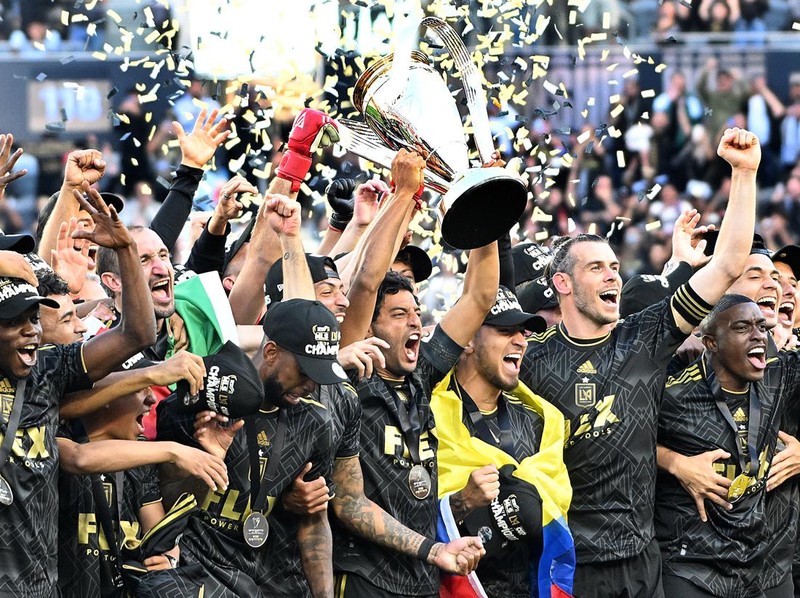 Los Angeles, California November 5, 2022-LAFC players celebrate the MLS Cup against Union at Bank of California Saturday. (Wally Skalij/Los Angeles Times via Getty Images)