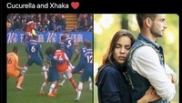 Ciee, Marc Cucurella. Marking-nya ke Granit Xhaka kena ledek meme peluk mesra nih.  Foto: dok. Twitter