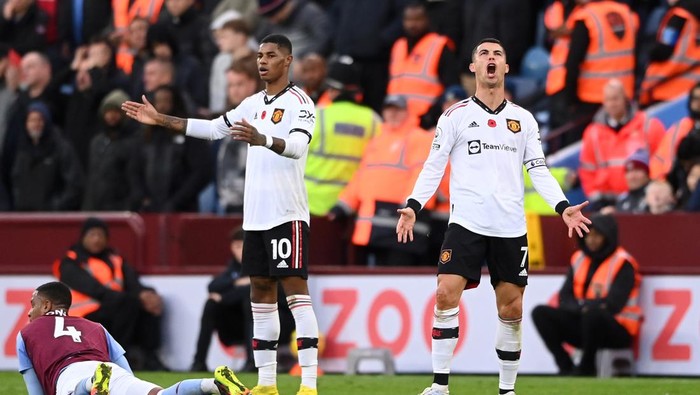 BIRMINGHAM, ENGLAND - NOVEMBER 06: Cristiano Ronaldo of Manchester United reacts during the Premier League match between Aston Villa and Manchester United at Villa Park on November 06, 2022 in Birmingham, England. (Photo by Stu Forster/Getty Images)