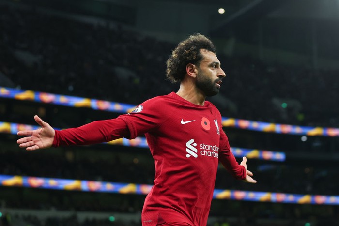 LONDON, ENGLAND - NOVEMBER 06:  Mohamed Salah of Liverpool celebrates scoring  the 2nd goal during the Premier League match between Tottenham Hotspur and Liverpool FC at Tottenham Hotspur Stadium on November 6, 2022 in London, United Kingdom. (Photo by Marc Atkins/Getty Images)