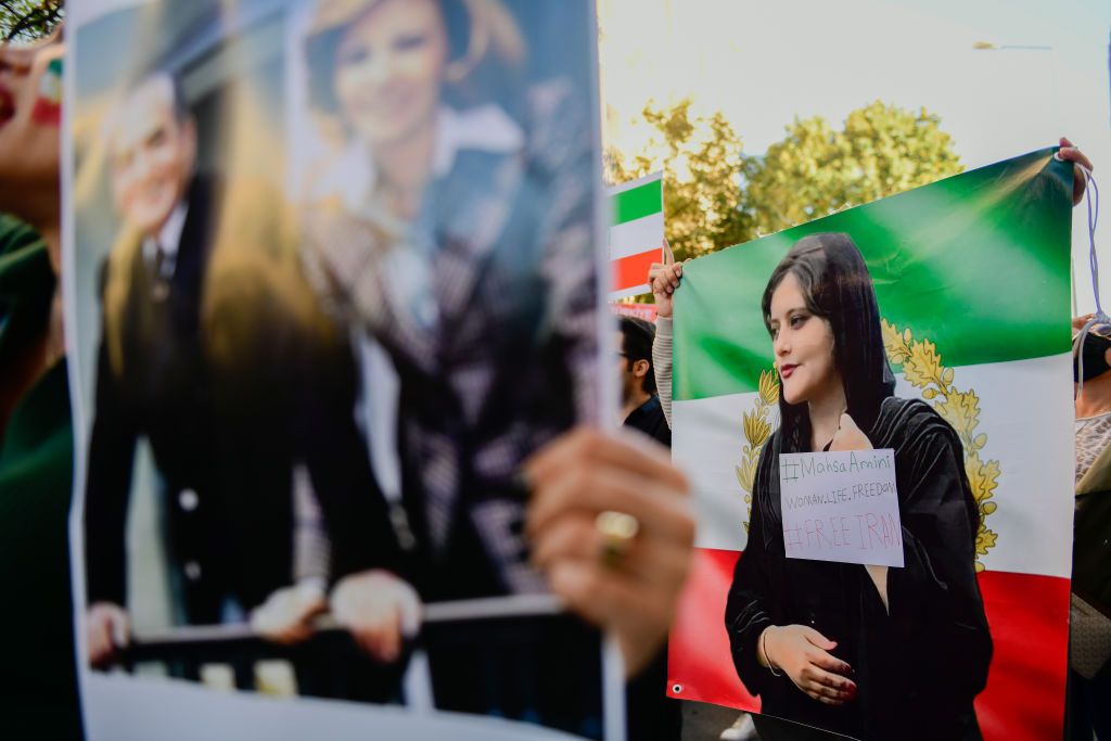 ISTANBUL, TURKIYE- OCTOBER 22: Protests in Iran, which started with the death of 22-year-old Mahsa Amini after being detained on the grounds that she did not comply with the headscarf rules, continue. The protest at the Iranian consulate in Istanbul continues on October 22, 2022 in İstanbul, Türkiye. (Photo by Omer Kuscu/ dia images via Getty Images )
