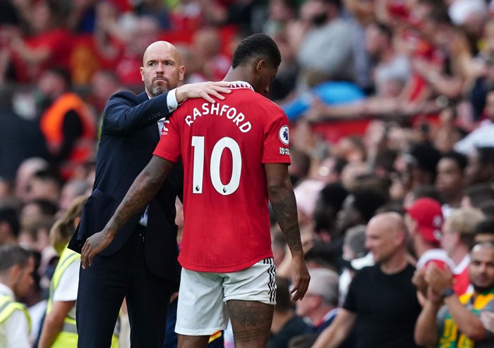 Manchester United manager Erik ten Hag embraces Marcus Rashford after he is substituted during the Premier League match at Old Trafford, Manchester. Picture date: Sunday September 4, 2022. (Photo by Martin Rickett/PA Images via Getty Images)
