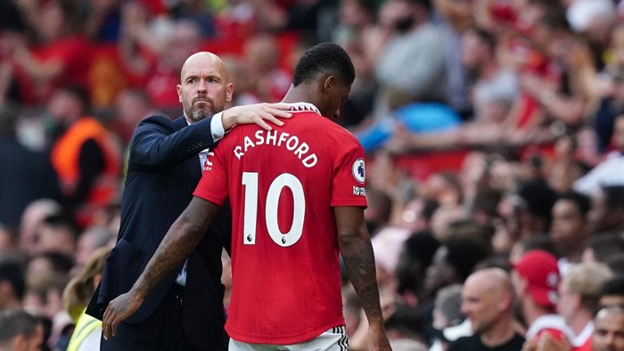Manchester United manager Erik ten Hag embraces Marcus Rashford after he is substituted during the Premier League match at Old Trafford, Manchester. Picture date: Sunday September 4, 2022. (Photo by Martin Rickett/PA Images via Getty Images)