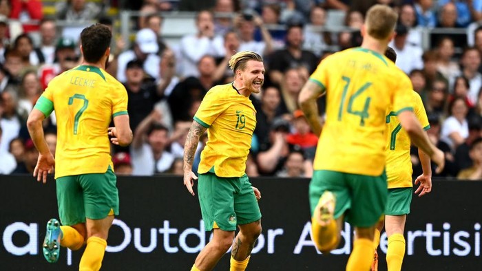 AUCKLAND, NEW ZEALAND - SEPTEMBER 25: Jason Cummings of the Socceroos celebrates after scoring a goal during the International Friendly match between the New Zealand All Whites and Australia Socceroos at Eden Park on September 25, 2022 in Auckland, New Zealand. (Photo by Hannah Peters/Getty Images)