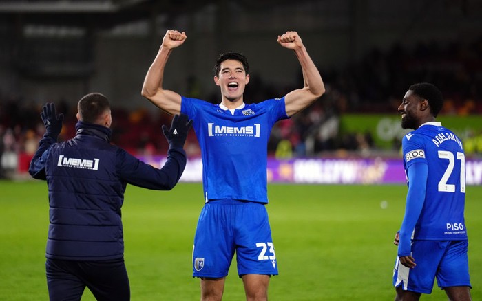 Gillinghams Elkan Baggott celebrates with team-mates after winning the penalty shoot out during the Carabao Cup third round match at the Gtech Community Stadium, London. Picture date: Tuesday November 8, 2022. (Photo by John Walton/PA Images via Getty Images)
