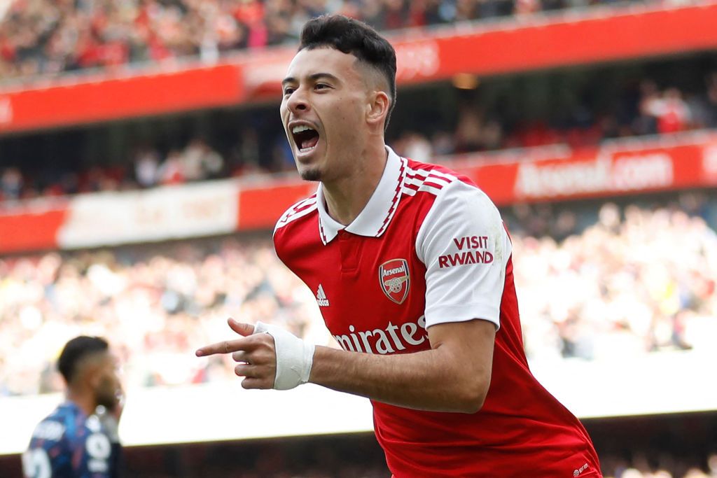 Arsenal's Brazilian midfielder Gabriel Martinelli celebrates after scoring the opening goal of the English Premier League football match between Arsenal and Nottingham Forest at the Emirates Stadium in London on October 30, 2022. - - RESTRICTED TO EDITORIAL USE. No use with unauthorized audio, video, data, fixture lists, club/league logos or 'live' services. Online in-match use limited to 120 images. An additional 40 images may be used in extra time. No video emulation. Social media in-match use limited to 120 images. An additional 40 images may be used in extra time. No use in betting publications, games or single club/league/player publications. (Photo by Ian Kington / AFP) / RESTRICTED TO EDITORIAL USE. No use with unauthorized audio, video, data, fixture lists, club/league logos or 'live' services. Online in-match use limited to 120 images. An additional 40 images may be used in extra time. No video emulation. Social media in-match use limited to 120 images. An additional 40 images may be used in extra time. No use in betting publications, games or single club/league/player publications. / RESTRICTED TO EDITORIAL USE. No use with unauthorized audio, video, data, fixture lists, club/league logos or 'live' services. Online in-match use limited to 120 images. An additional 40 images may be used in extra time. No video emulation. Social media in-match use limited to 120 images. An additional 40 images may be used in extra time. No use in betting publications, games or single club/league/player publications. (Photo by IAN KINGTON/AFP via Getty Images)