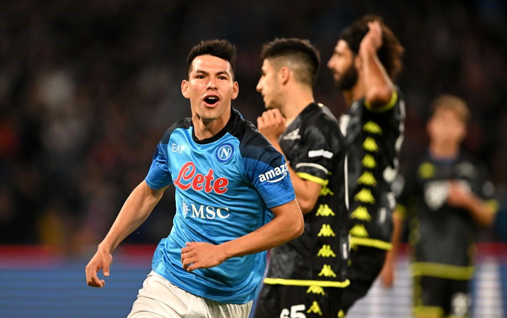 NAPLES, ITALY - NOVEMBER 08: Hirving Lozano of SSC Napoli celebrates after scoring their sides first goal from the penalty spot during the Serie A match between SSC Napoli and Empoli FC at Stadio Diego Armando Maradona on November 08, 2022 in Naples, Italy. (Photo by Francesco Pecoraro/Getty Images)