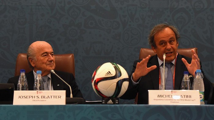 SAINT PETERSBURG, RUSSIA - JULY 25:  FIFA President Joseph S. Blatter looks on as UEFA President Michel Platini speaks during the Team Seminar ahead of the Preliminary Draw of the 2018 FIFA World Cup at the Corinthia Hotel on July 25, 2015 in Saint Petersburg, Russia.  (Photo by Laurence Griffiths - FIFA/FIFA via Getty Images)