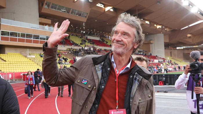 Sir James Arthur Ratcliffe waves before the French L1 football match between AS Monaco and OGC Nice at the 