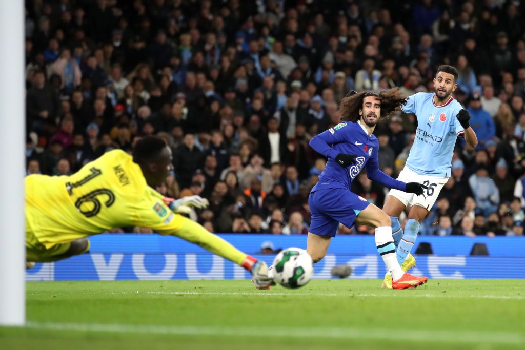 MANCHESTER, ENGLAND - NOVEMBER 09: Riyad Mahrez of Manchester City has a shot saved by Edouard Mendy of Chelsea during the Carabao Cup Third Round match between Manchester City and Chelsea at Etihad Stadium on November 09, 2022 in Manchester, England. (Photo by Jan Kruger/Getty Images)