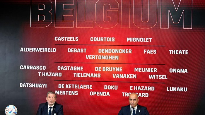 Red Devils head coach Roberto Martinez (R) speaks during a press conference to present the squad of Belgiums national football team for the upcoming FIFA 2022 Qatar World Cup, at the Red Devils Base camp in Tubize, on November 10, 2022. (Photo by JOHN THYS / AFP) (Photo by JOHN THYS/AFP via Getty Images)