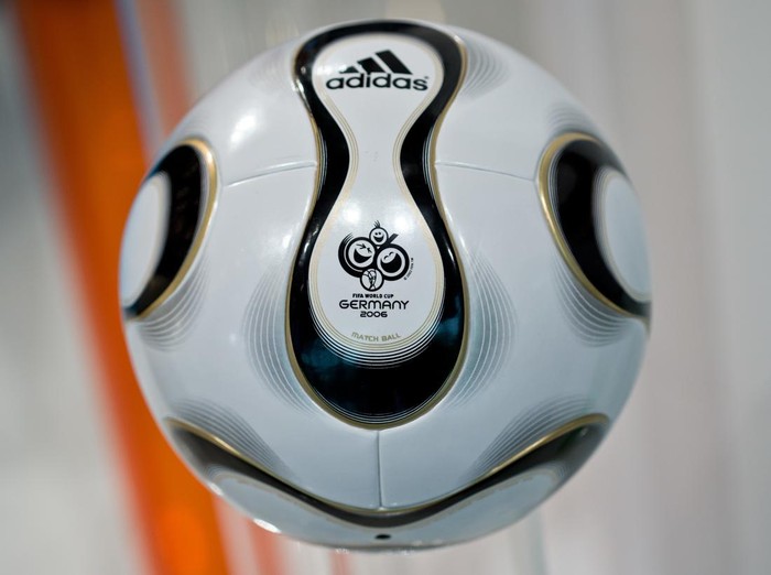 The 'Teamgeist' soccer ball which was the offcial ball of the 2006 soccer world cup in Germany is pictured during the general meeting of sporting goods manufacturer adidas in Fuerth, Germany, 08 May 2014. Photo: DANIEL KARMANN/dpa | usage worldwide   (Photo by Daniel Karmann/picture alliance via Getty Images)