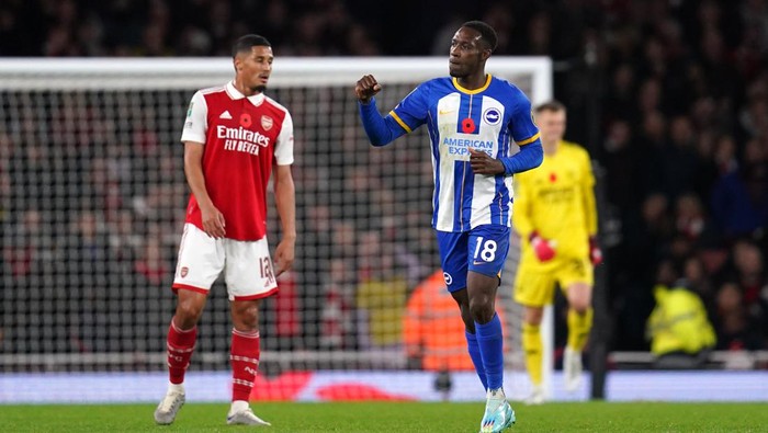 Brighton and Hove Albions Danny Welbeck (right) celebrates scoring their sides first goal of the game from a penalty during the Carabao Cup third round match at the Emirates Stadium, London. Picture date: Wednesday November 9, 2022. (Photo by John Walton/PA Images via Getty Images)