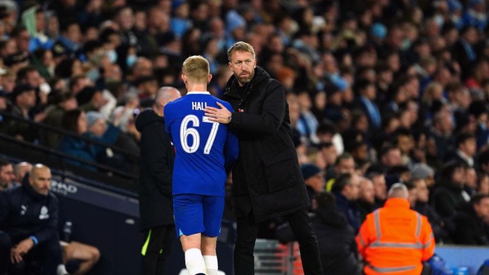 Chelseas Lewis Hall greets manager Graham Potter after being substituted off during the Carabao Cup third round match at the Etihad Stadium, Manchester. Picture date: Wednesday November 9, 2022. (Photo by Mike Egerton/PA Images via Getty Images)